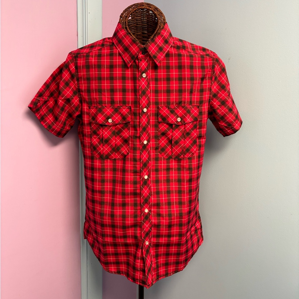 New! JMBonheur Men’s Cowboy Western Red Plaid Snap-up Short Sleeve Shirt Small